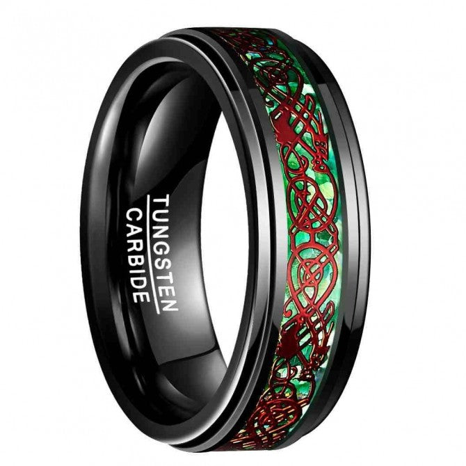 NUNCAD 8 mm Ring Herren schwarz mit roten Keltischen Drachen Gravur und grünen Opalmustern