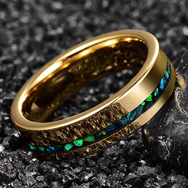 NUNCAD 6mm Herren Vergoldet Ring aus Wolfram mit Grüner Stein/Synthetischer Opal Inlay Größe 52-67  1