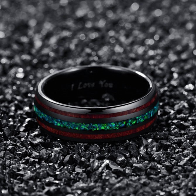 NUNCAD 8mm Ring Herren schwarz Wolfram mit Opal und Koa holz zum Mosai –  nuncad ring