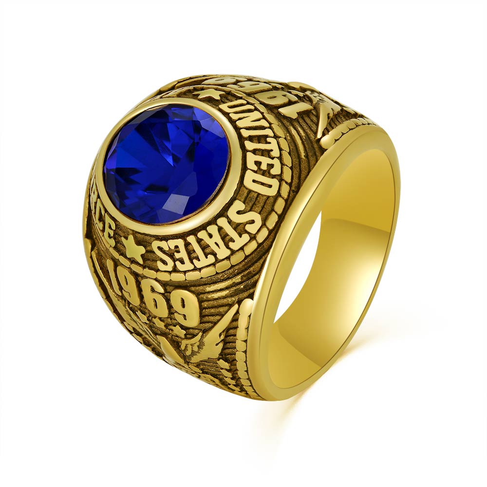 NUNCAD männer Air Force Edelstahl Ring Blue Stone Inlay Vintage Golden