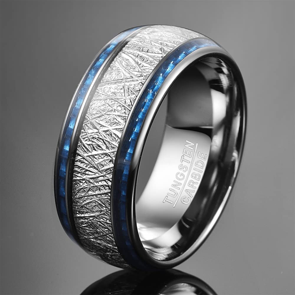 Nuncad 10mm Wolfram Ringe Silber Herren Imitierter Meteorit & Blue Carbon Fiber Inlay