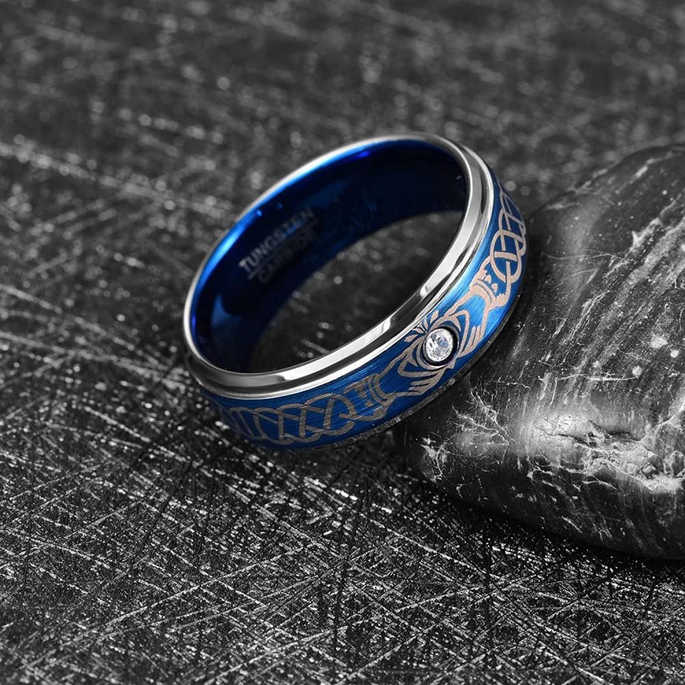 Nuncad 8mm Blau Herren Wolfram Ringe mit Keltisches Knotenmuster