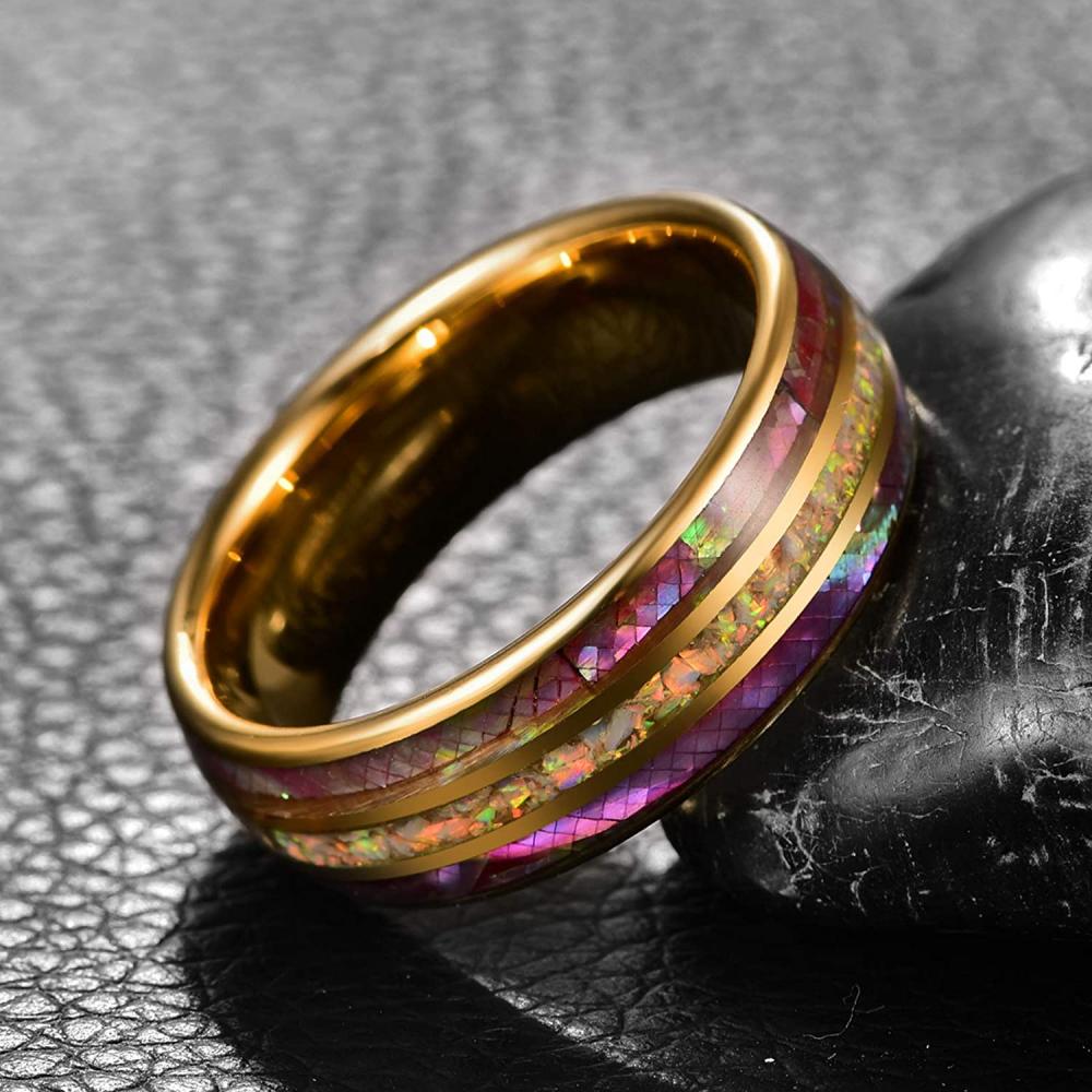 Nuncad 8mm Wolfram Ring Gold Herren mit Lila Muschel Paper und Crushed Opal