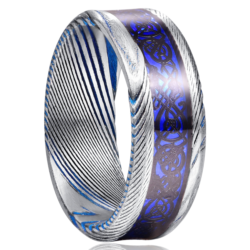 NUNCAD 8mm Ring Herren Damaskus Stahl mit keltisch Drachen und Blau Opal