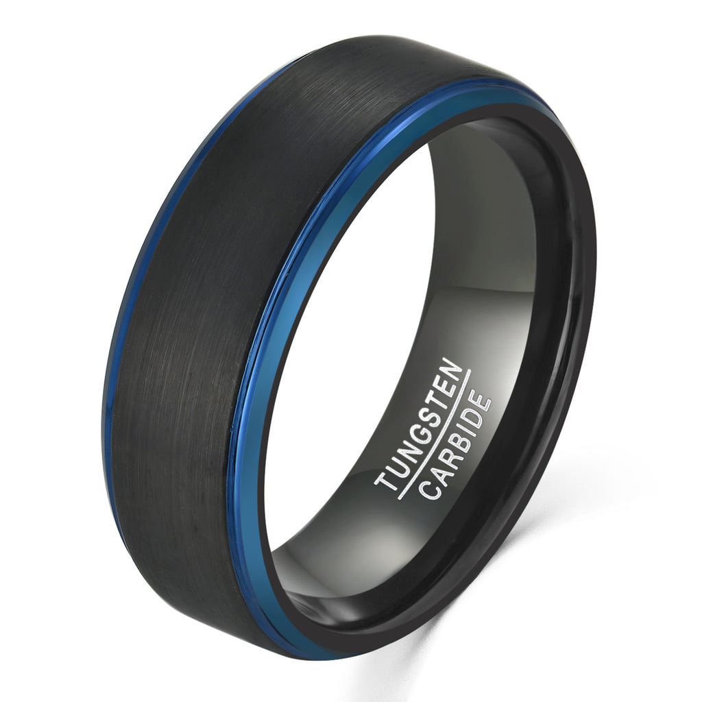NUNCAD 8mm Ring Herren Schwarz mit blauen Ränden aus Wolfram