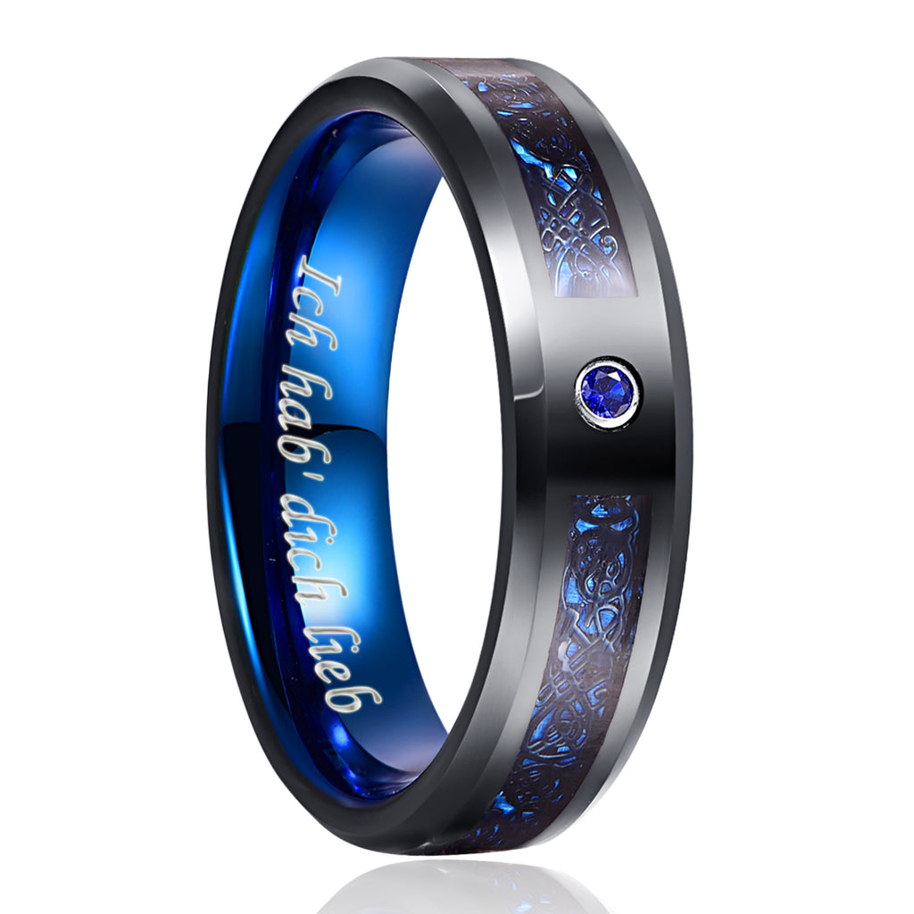 NUNCAD 6mm Ring Damen Schwarz Blau mit Kohlefasern Zirkon Breit für Hochzeit