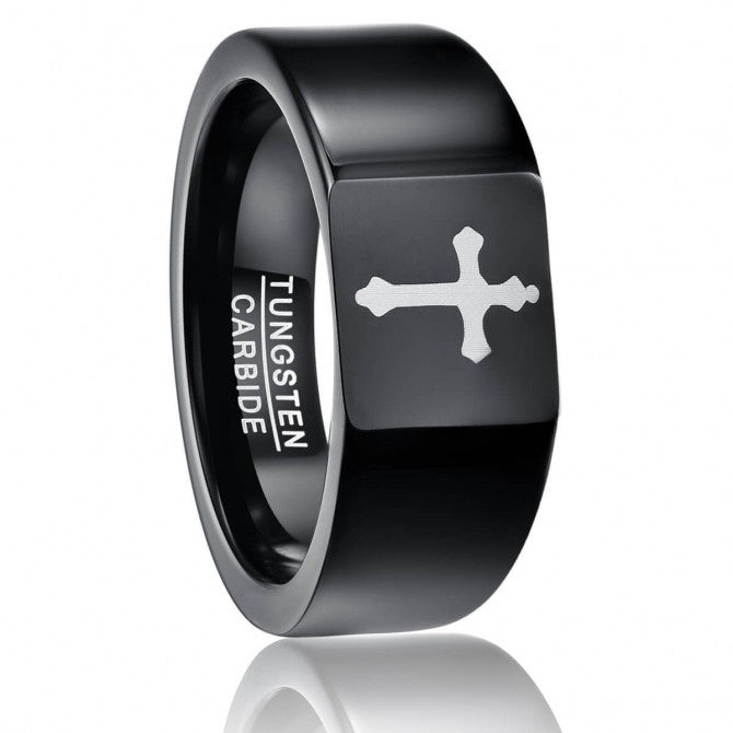 NUNCAD 10mm Ring Herren Schwarz aus Wolfram mit Kreuz Design