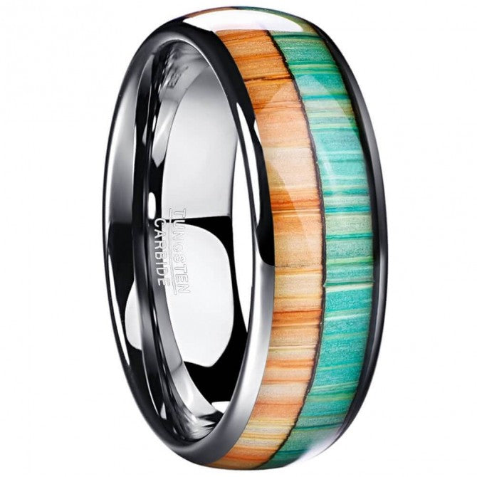 NUNCAD 8mm Ring Herren Silber Poliert mit Bambus Orange Grün aus Wolfram