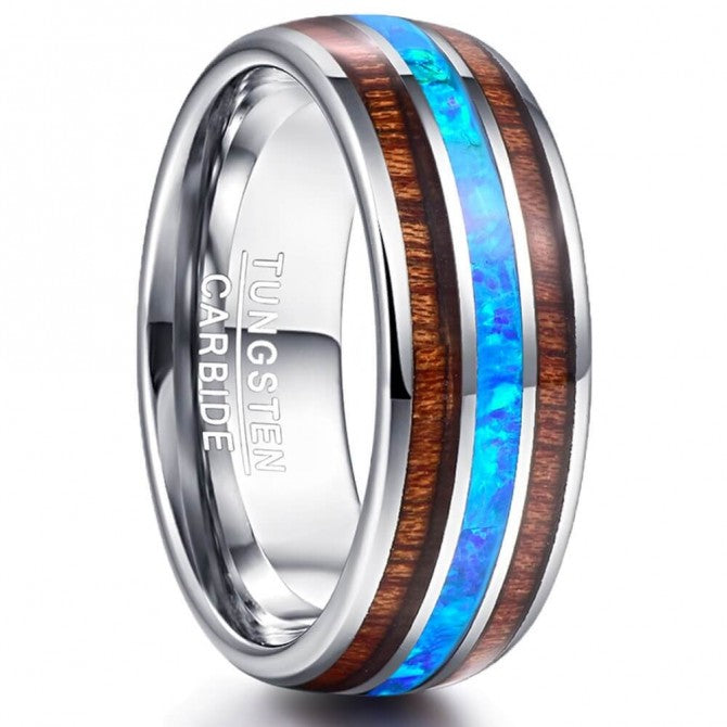 NUNCAD 8mm Ringe Herren Silber mit Opal Blau & Koa Holz aus Wolfram