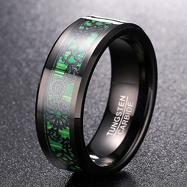 NUNCAD Ring schwarz und grün Kohlefaser, 8 mm breit, aus Wolfram