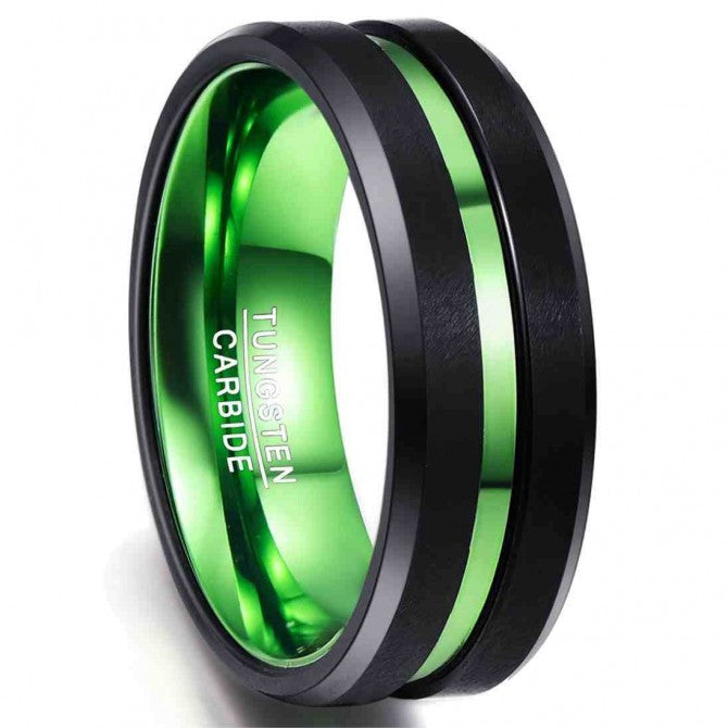 NUNCAD Ring Herren Schwarz grün aus Wolframcarbid Comfort Fit