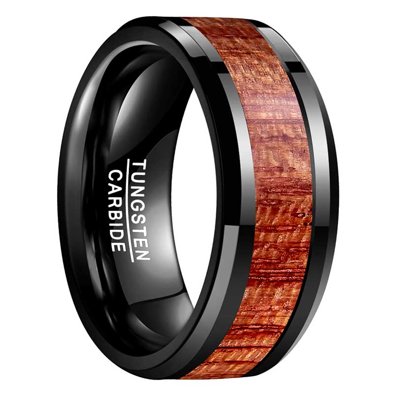 NUNCAD 10mm Ring Herren schwarz Breit Wolfram Design mit Koa Holz