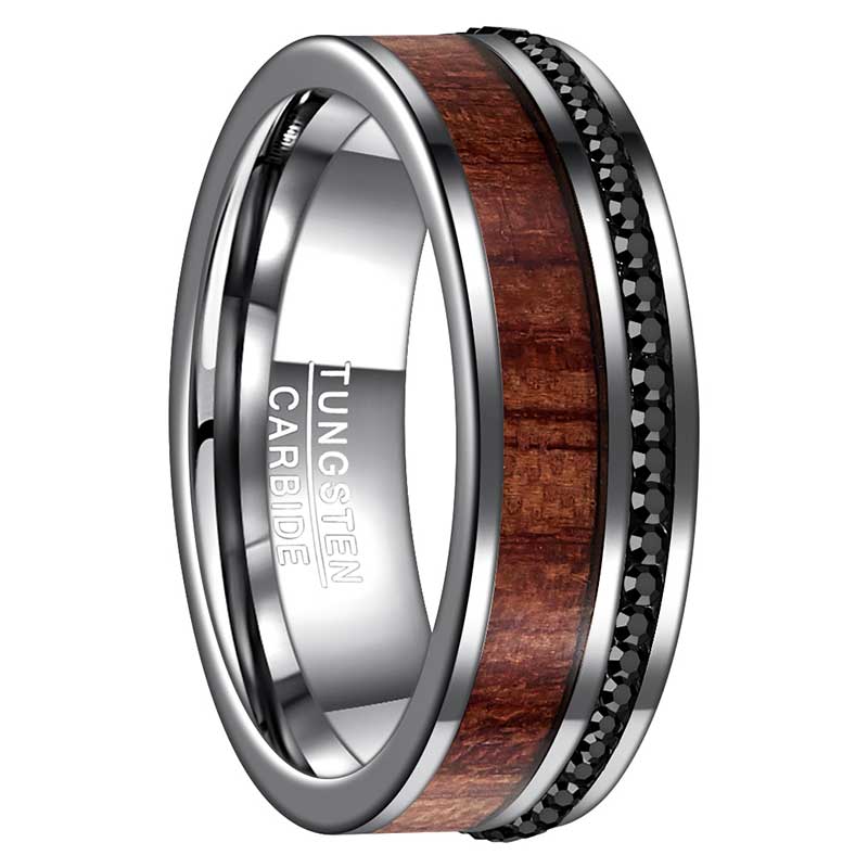 NUNCAD 8mm Ring Herren Silber Wolfram Design inlay  Koa Holz und schwarzer Diamant