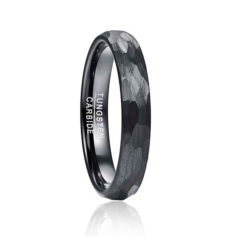 NUNCAD 4mm Ring Damen Schwarze aus Wolfram mit Gehämmertem Design