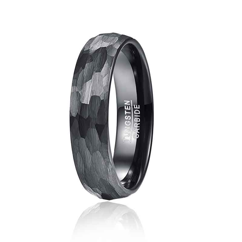 NUNCAD 6mm Ring Damen Schwarze aus Wolfram mit Gehämmertem Design