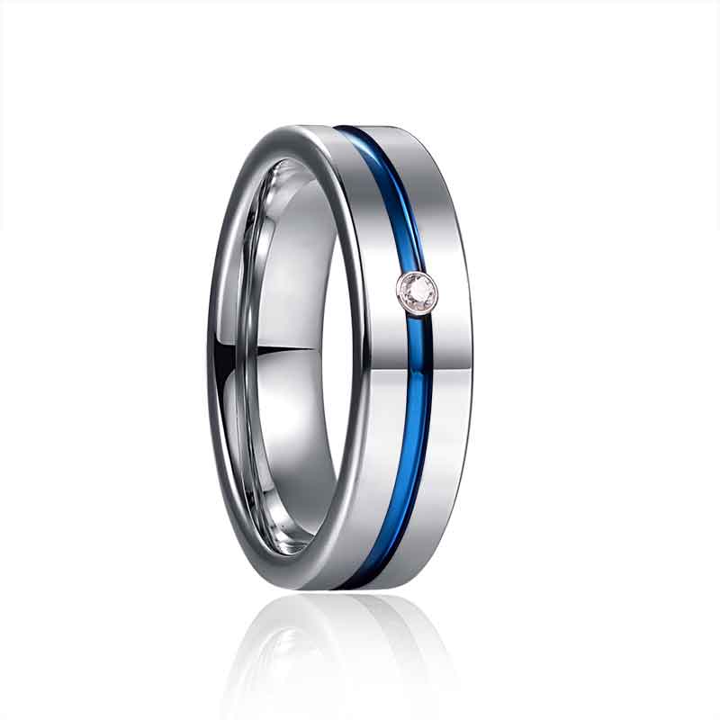 NUNCAD 6mm Ring Herren Silber blau matt hochpoliert aus Wolfram inlay Zirkon