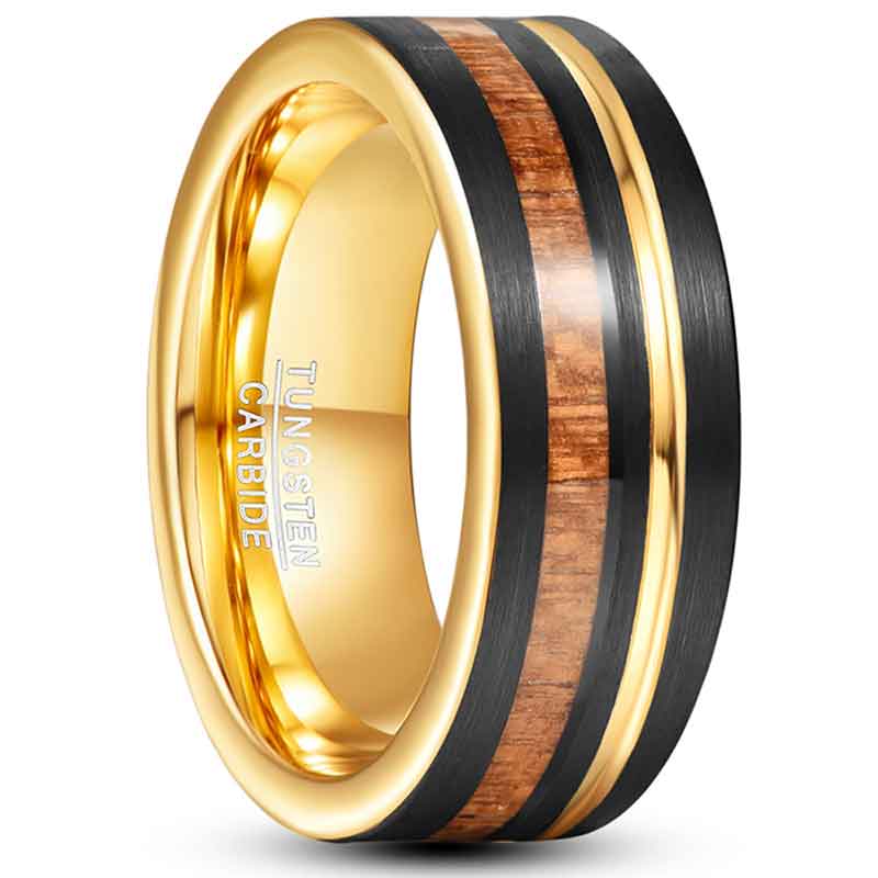 NUNCAD 8mm Ring Herren Gold Schwarze aus Wolfram mit Hawaii Koa Holz