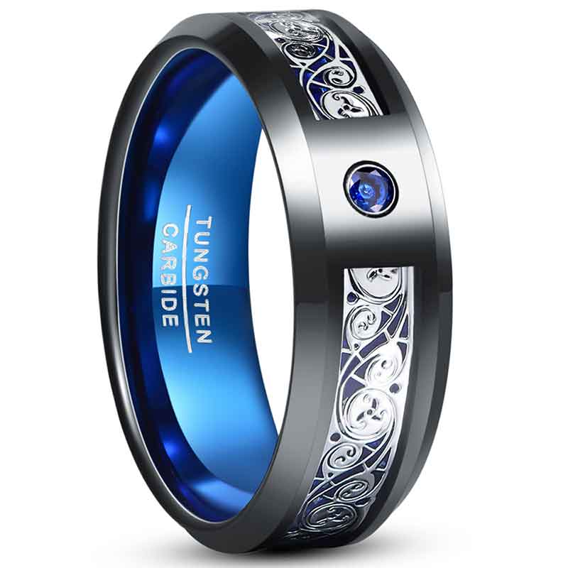 NUNCAD 8mm Ringe Herren Schwarz mit blau Zirkonia und Silber Das Spiralmuster