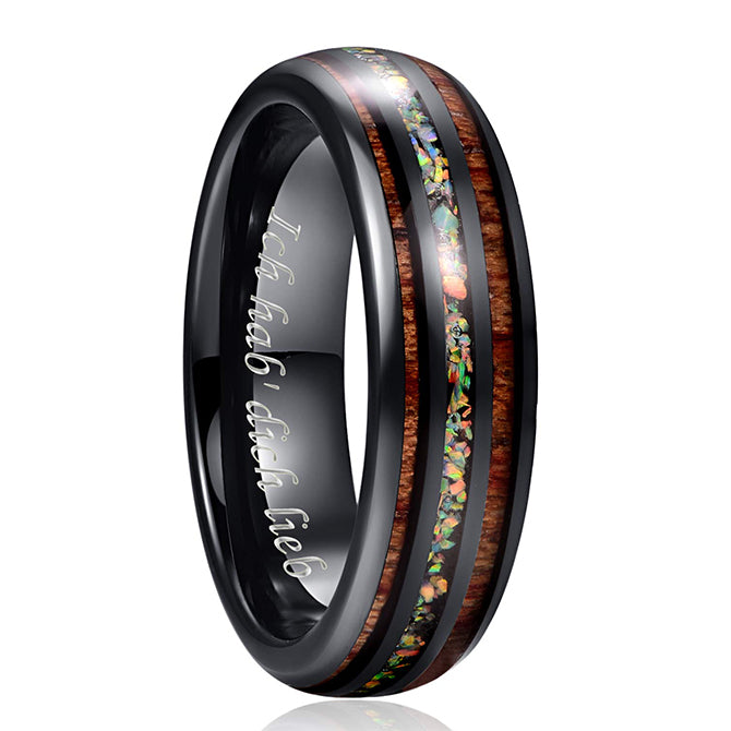 NUNCAD 8mm Ring Herren schwarz mit Multicolor Opal und Koaholz zum Mosaik